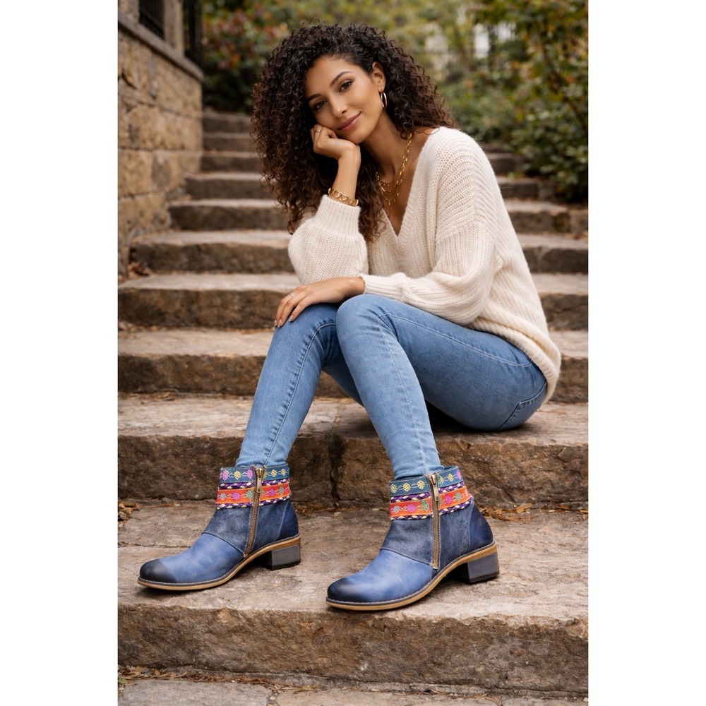 Socofy Blue Novelty Shoes Tapestry Embossed Artsy Boho Ankle Boot SZ 38 Indie